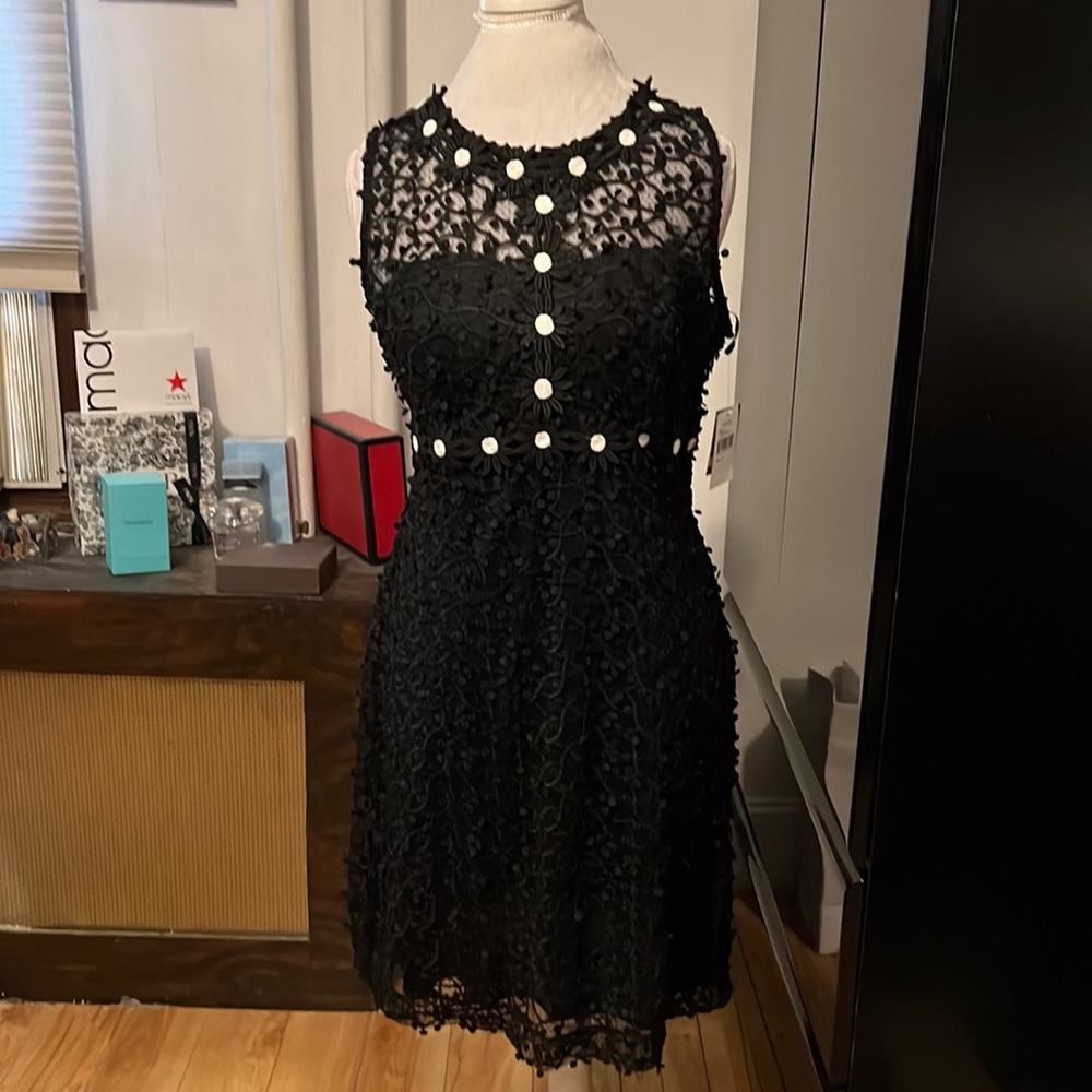 Taylor dress black w/a crocheted overlay and large black flowers w/white centers